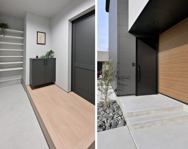 L型土間でスムーズな移動と下駄箱とシューズクロークの併用で用途に合わせた収納ができる機能的な玄関