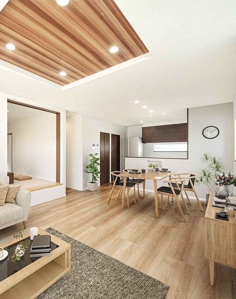 木目を基調とした小上がり和室のあるお家