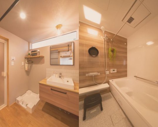 『木目調の水回り』
サニタリースペースには名古屋モザイクさんのタイルをワンポイントとして採用しています。浴室内の壁は磁石が引っ付く仕様にしています。ディスペンサーや風呂桶などを置かずに壁に付けることで水垢等の防止にもなります!