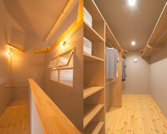 『階段先のFCL』
階段を上がった先には家族のためのファミリークローク。収納も必要最小限まで抑えています。縦にも横にもお客様のお好きなスタイルで使える広々収納となっています。
