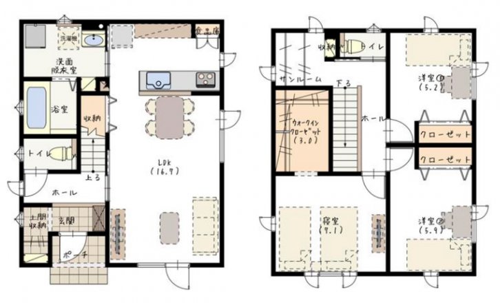 カウンターキッチンから広々LDKを見渡せるお家