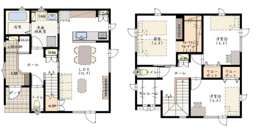 ウォークインクローゼットとサンルームのある広々LDKのお家
