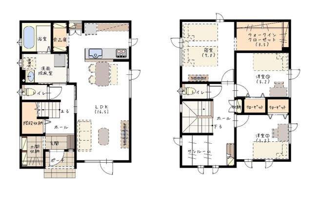 階段収納や土間収納などスペースを有効活用したコンパクトなお家