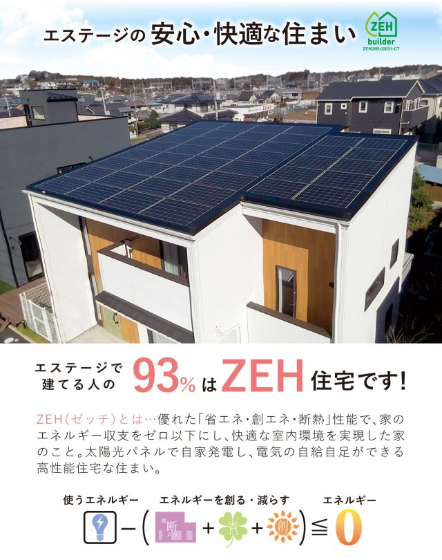 エステージのZEH普及率93%と太陽光パネル搭載の