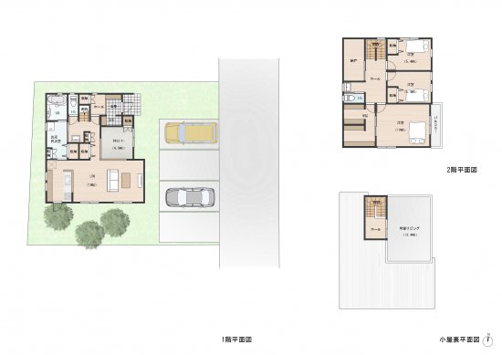 開放的な青空リビングのある2階建ての住まい