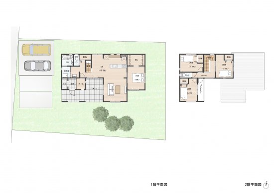 パティオのあるオシャレな二階建ての住まい