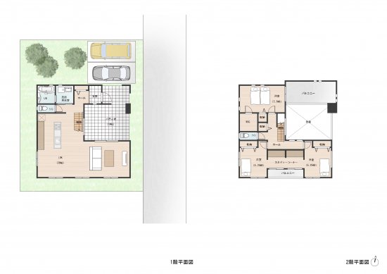 大きな吹き抜けで明るく開放的なパティオのある住まい