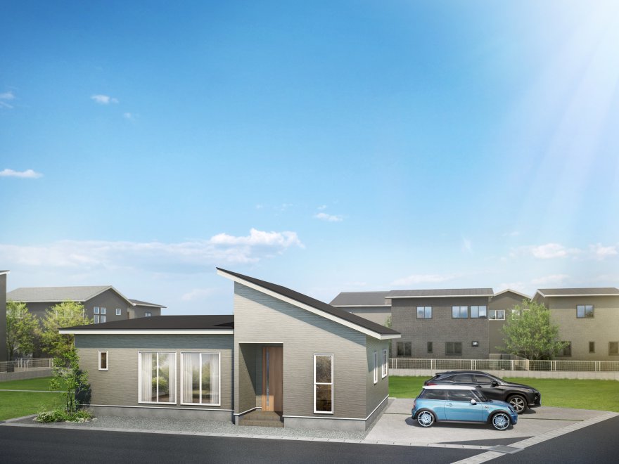 グレーの外壁に木目の玄関ドアが映える、洗練されたデザインの平屋。落ち着きとぬくもりを兼ね備えた、長く愛せる住まいです。