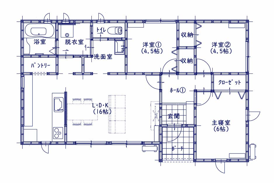 LDK16帖＋洋室3部屋の平屋プラン。主寝室6帖に加え、子ども部屋にも使いやすい4.5帖を2部屋確保した3LDKです。