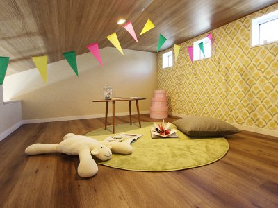 収納や趣味の部屋、お子さまの遊ぶスペースとしても使用できる小屋裏収納があります。
（写真：施工事例）