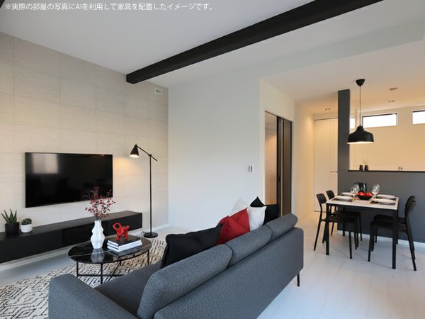 ◇１F　リビングダイニング①
白・グレー・黒色のアクセントがきいたデザイン。
タイル調の壁がお洒落です♪