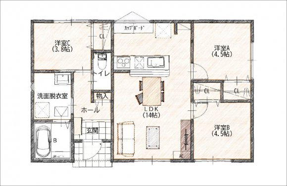  【防府市】アトレ新田6号地（平屋建て／3LDK） Floor Plan1