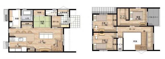 小上がりの和室と吹き抜けのあるスタイリッシュハウス