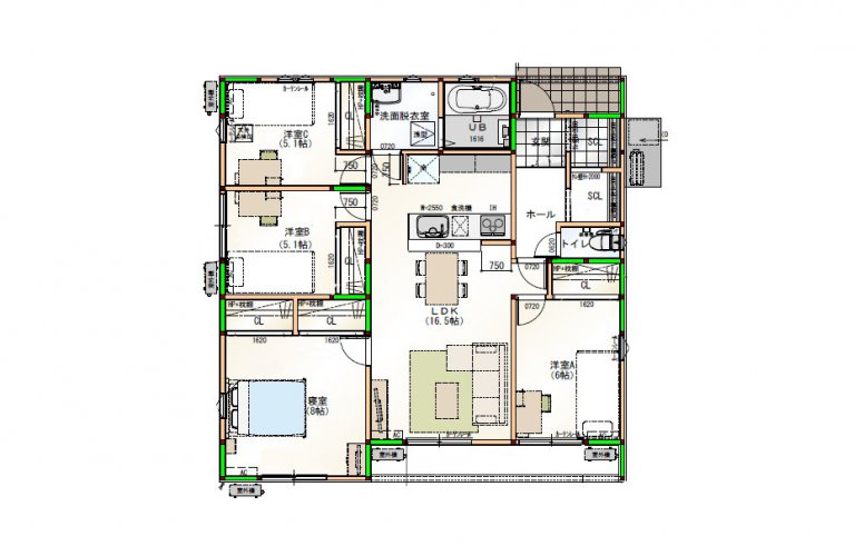 長い廊下でみんなのお部屋がつながる家 イエテラス 平屋27坪