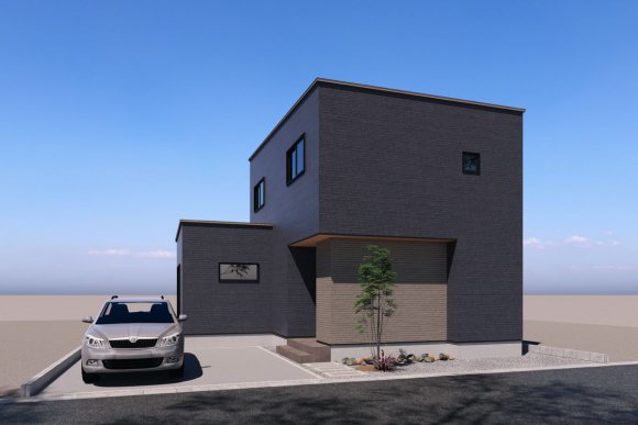 建物全体は1階の方が広く、玄関周辺のみを2階が張り出すオーバーハング構造に。
アプローチに奥行きとゆとりが生まれ、来訪者に開放的な印象を与えます。
外壁はブラックとグレーを組み合わせ、スタイリッシュで落ち着いた外観に。木目調の軒天がやわらかさを加え、植栽との調和が建物全体を美しく引き立てます。

※写真はイメージです。