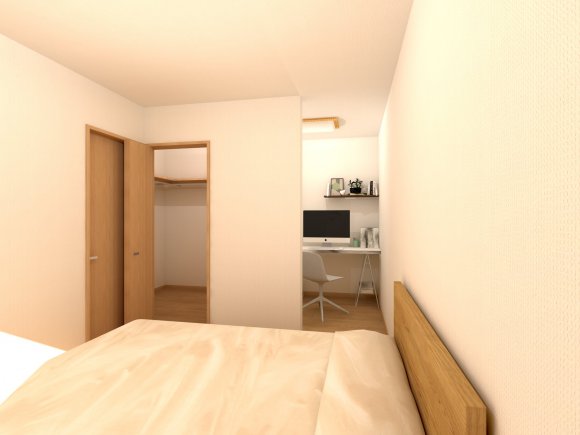 寝室の一角に2帖の書斎スペースを設け、壁で仕切ることで落ち着いた個室空間を確保しました。デスクや本棚をしっかりと置ける広さがあり、仕事や趣味に集中したいときにぴったり。ご主人の憧れの書斎として設計しましたが、奥様とのパワーバランスによっては収納として使われる…なんて未来もあるかもしれません。使い方はご家庭次第。多目的に活用できる柔軟な空間です。

※写真はイメージです。