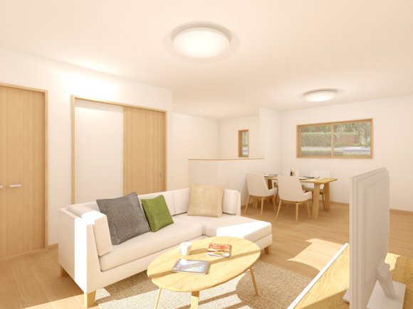 B棟
∼家族のつながりを感じられる、18帖L字型LDK∼

L字型に配置された18帖のLDKは、ダイニングとリビングのスペースをゆるやかに分けながら、家族の気配をしっかり感じられるつくりになっています
。食事をする場所とくつろぐ場所に自然な区切りができるため、メリハリのある快適な暮らしが叶います。
キッチンには、デザインと機能性を両立したタカラスタンダードの「オフェリア」を採用。収納力やお手入れのしやすさにも優れ、毎日の家事がスムーズに進みます。

※写真はイメージです。