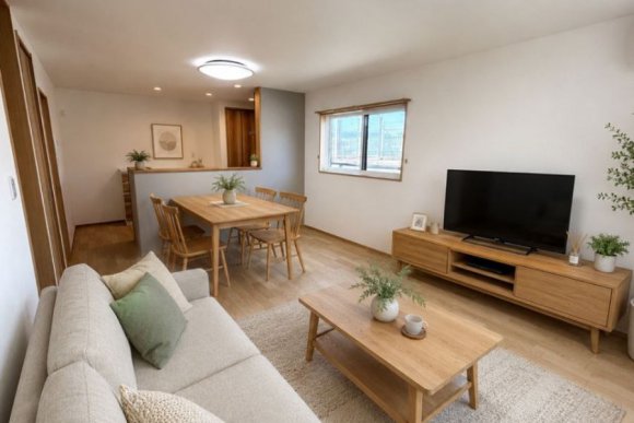 視線が抜けるレイアウトと適材適所の収納で、数字以上の開放感を実現。
無駄な通路を省くことで、家族が自然と集まり、思い思いに寛げる空間に仕上げました。
