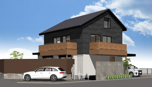 木に囲まれた心地よい空間に、全館空調を備えた『まったり空間の家』
●化粧梁を設けることで、空間に縦の広がりを感じるLDK
●LDK+和室は28帖以上の大空間
●三階から見渡せる吹抜け
●アウトドアリビングとしても活用できるウッドデッキスペース
●小屋裏の三階は収納や子供部屋など多目的に使用できる空間