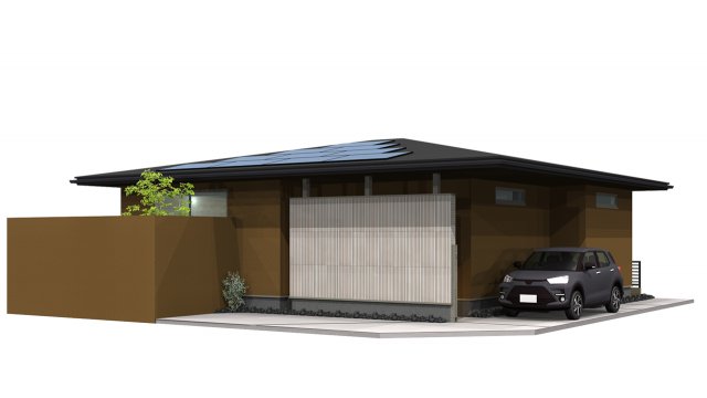 趣味とくつろぎを愉しむ、屋根ラインが魅力的な「特新平屋の家」
●隠し扉のような美しいデザインの玄関ホール
●優しいアールに包まれたヌック空間
●美しい水平ラインの寄棟屋根
●収納一体のセパレートキッチン
●光と陰影を生むアール壁のデザイン