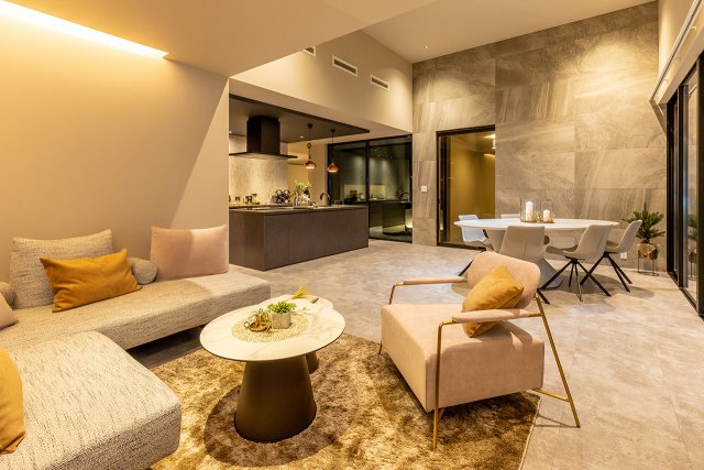 高天井の空間をコンクリートグレーの床で引き締めた、個性的でモダンなリビング。中庭と軒先テラスが開放感を生み出します。