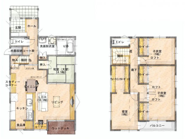 パウダーコーナーとロフトがある家