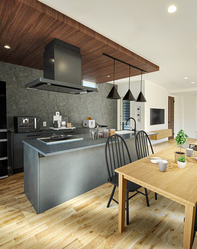 黒のアイランドキッチンが映えるシックモダン住宅