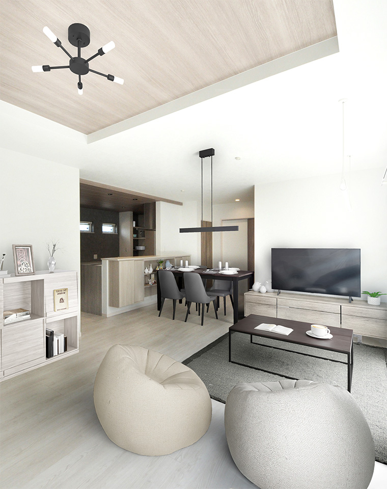 キッチンカウンターでコミュニケーションも増えるシンプルハウス