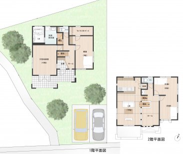 アクティブガレージで多彩な趣味にも対応、2Fリビングは光のよくあたる明るい空間