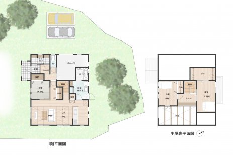 見た目はかわいく、中身は機能的。大屋根のバイクガレージのあるお家