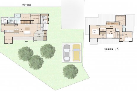 お子様のスタディコーナーはキッチン正面に。広々リビングからのウッドデッキで家での過ごし方が多様に。