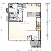 1F平面図　リビングが広く、1階は作業動線に優れて