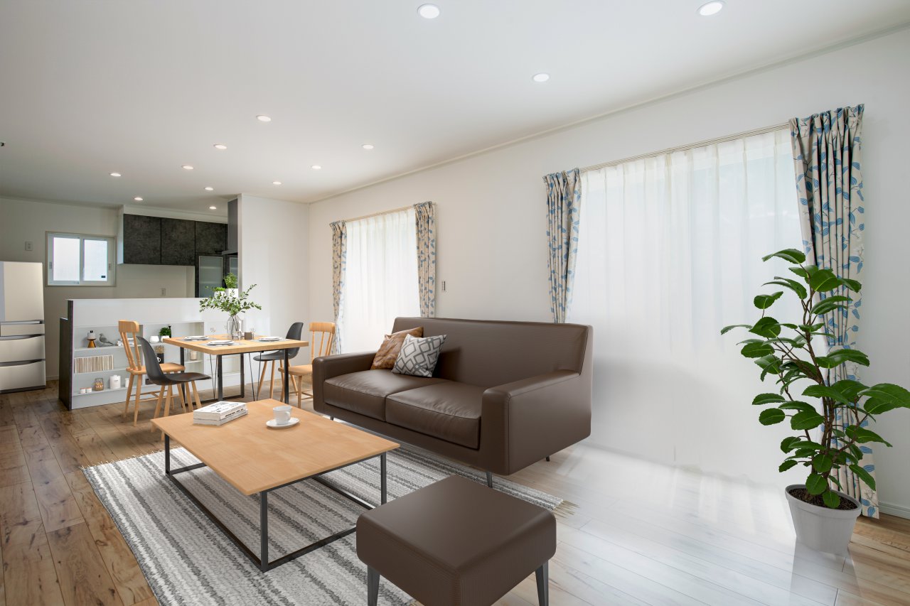 白い壁とウッド調フロアタイルを基調とした暖かなお家