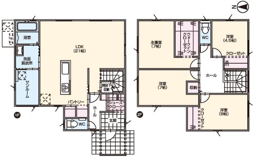 アイランドキッチンが特徴的な4人家族向けの住まい