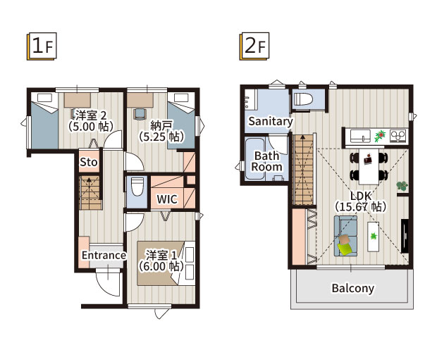 2階リビングならではのワンランク上の開放感。心地よく暮らせる2LDK＋納戸の住まい。収納スペースも充実しており、すっきりとした空間をキープできます。
