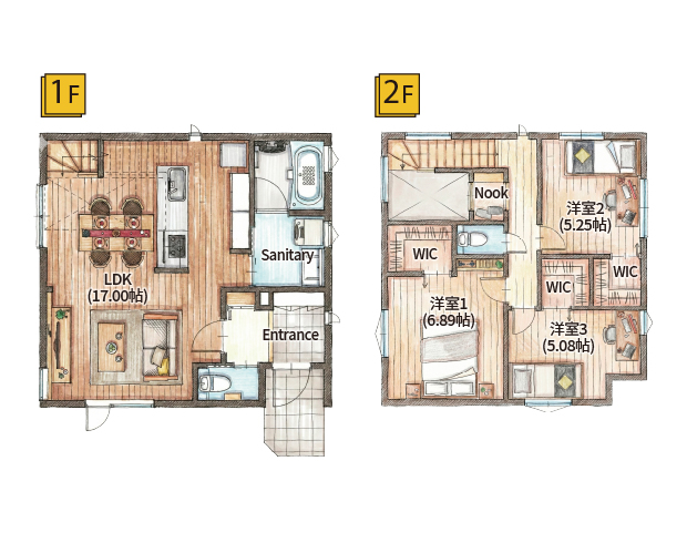 家族のコミュニケーションと家事のしやすさを両立した3LDKの間取りです。