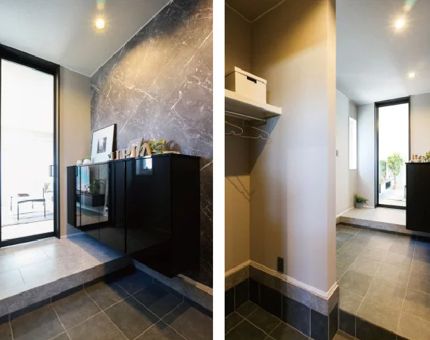 ガレージ直結の快適動線、愛車からそのまま室内へ入れる、広々とした玄関ホール。
雨の日も濡れずに移動でき、たくさん買い物をした際もスムーズです。デザイン性と実用性を兼ね備えた、ゆとりある迎賓空間です。