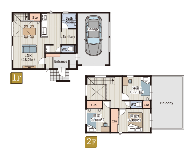 車３台駐車OK！
家族がゆったり暮らせる3LDK+ガレージのある間取りです。

