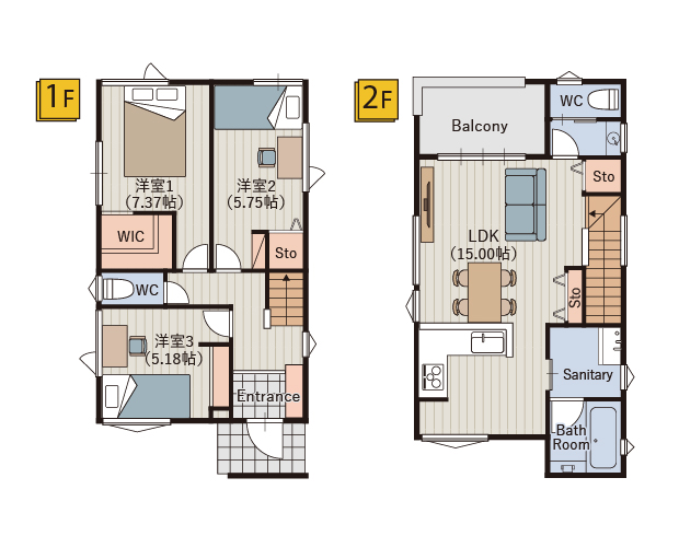 開放感のある2階リビングの家 ♪
収納充実！憧れのL型キッチンで家事のしやすさと快適さを兼ねそろえた間取りです。