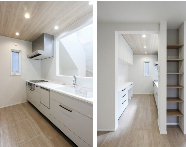 キッチンとダイニングのあいだにはオープン棚を設け、お気に入りの雑貨を気軽に飾れる楽しさもプラス。
手に取りやすく、見せ方も工夫できる、暮らしに寄り添うワンポイントです。