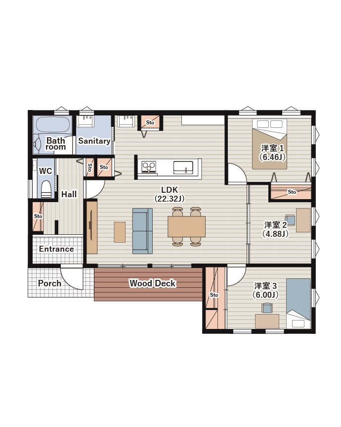 ウッドデッキのある西海岸風平屋の間取り図
