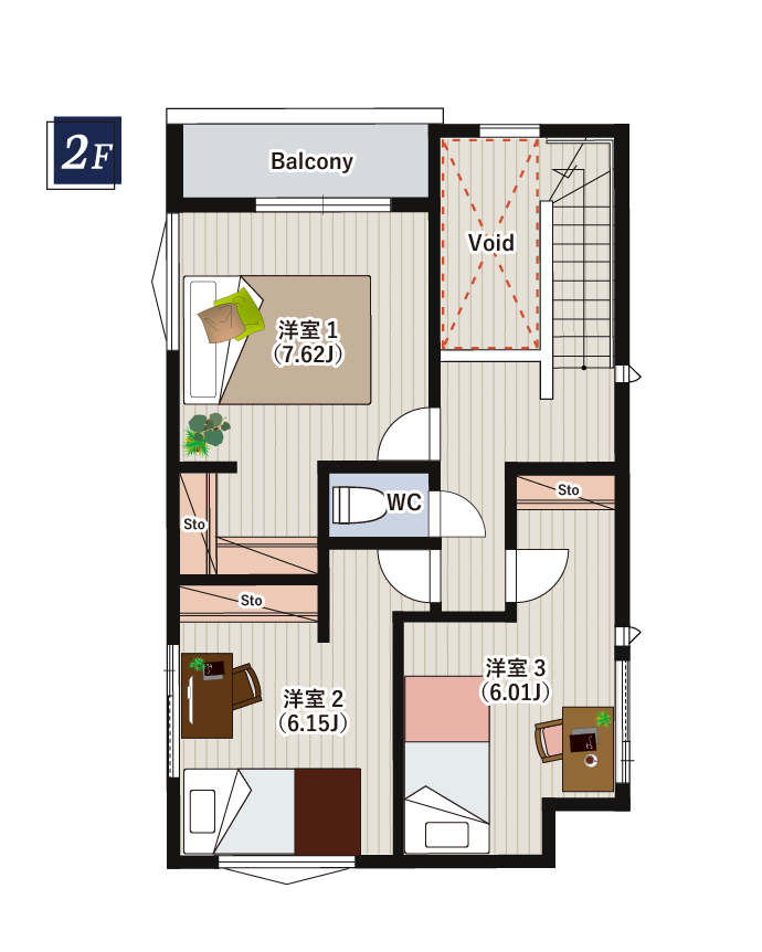 吹抜けと収納充実の2F間取り図