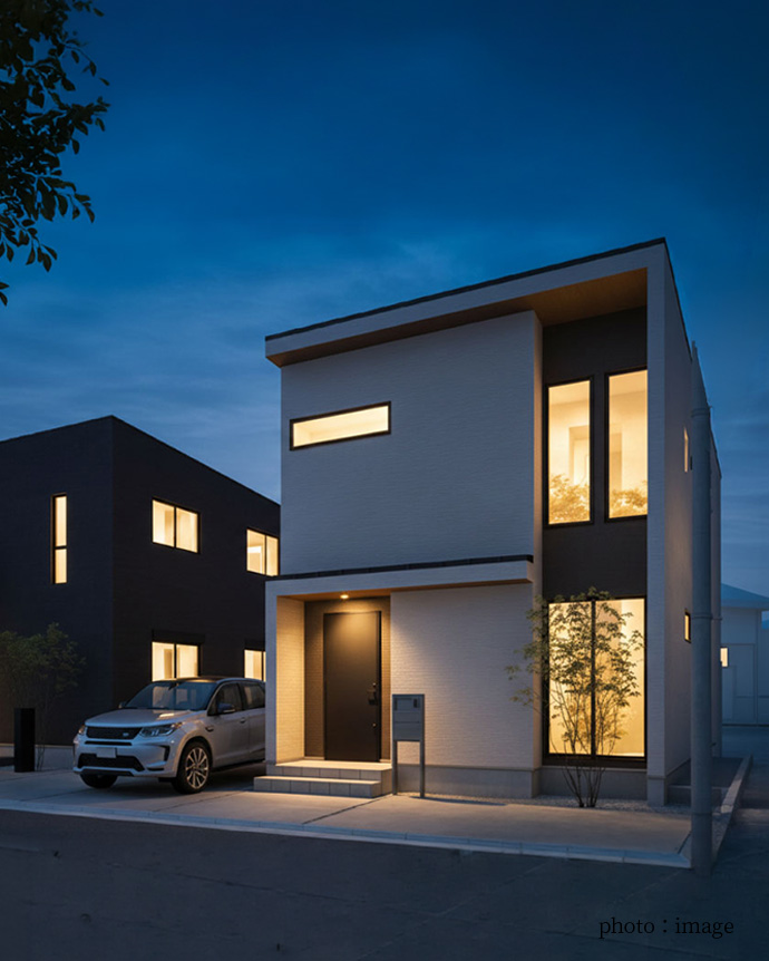 夜景に映える温かい明かりが漏れるモダン住宅