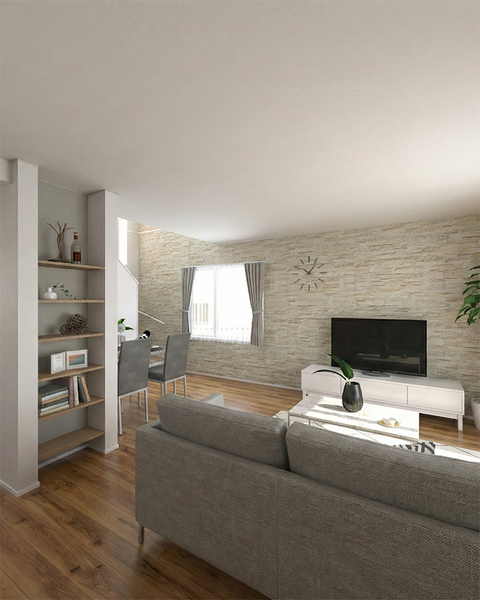 飾り棚とアクセントクロスがお洒落なLDK