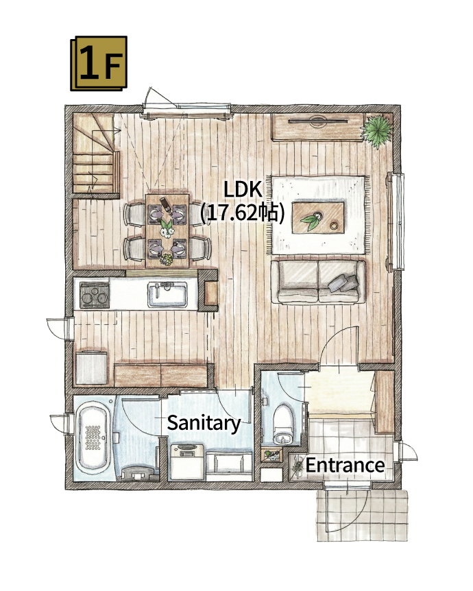 17帖超のLDKに開放的な吹抜けのある1階間取り図