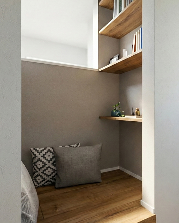 階段横に設けたおこもり感が心地よい隠れ家ヌック
