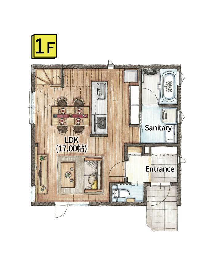17帖のLDKに開放的な吹抜けのある1階間取り図