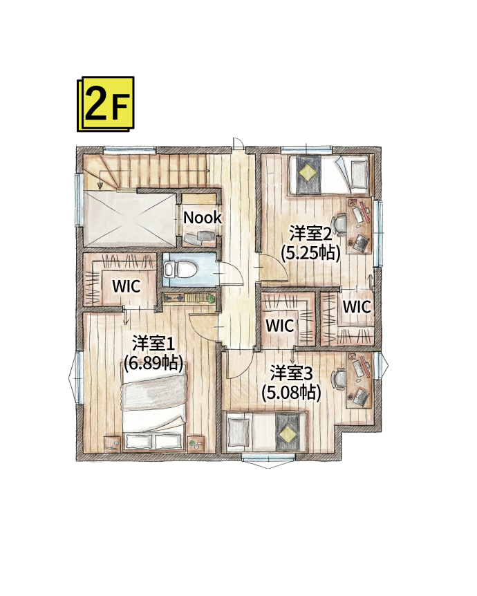 3洋室とヌックのある2階間取り図