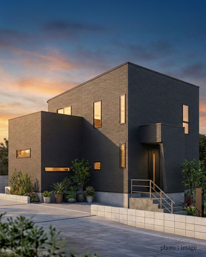 夕焼け空に映えるキューブ型のモダンな黒い家