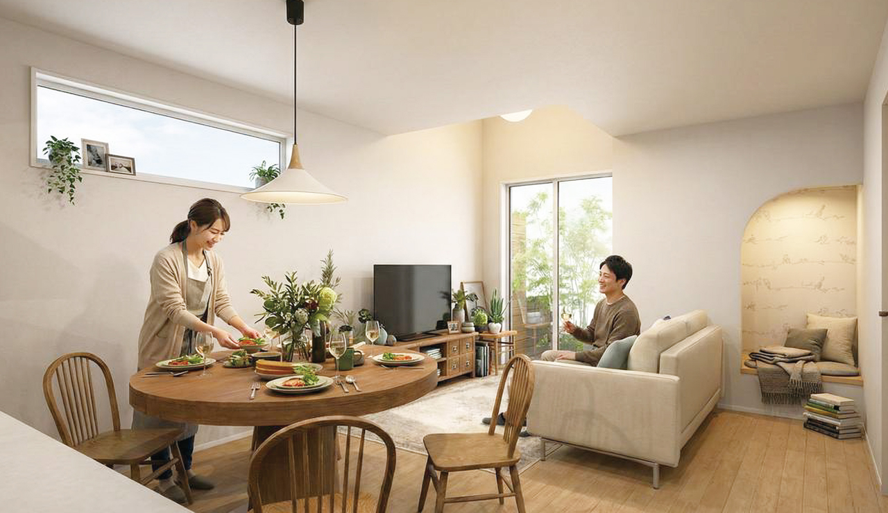 アーチ型のヌックと円形テーブルがあるナチュラルなLDK